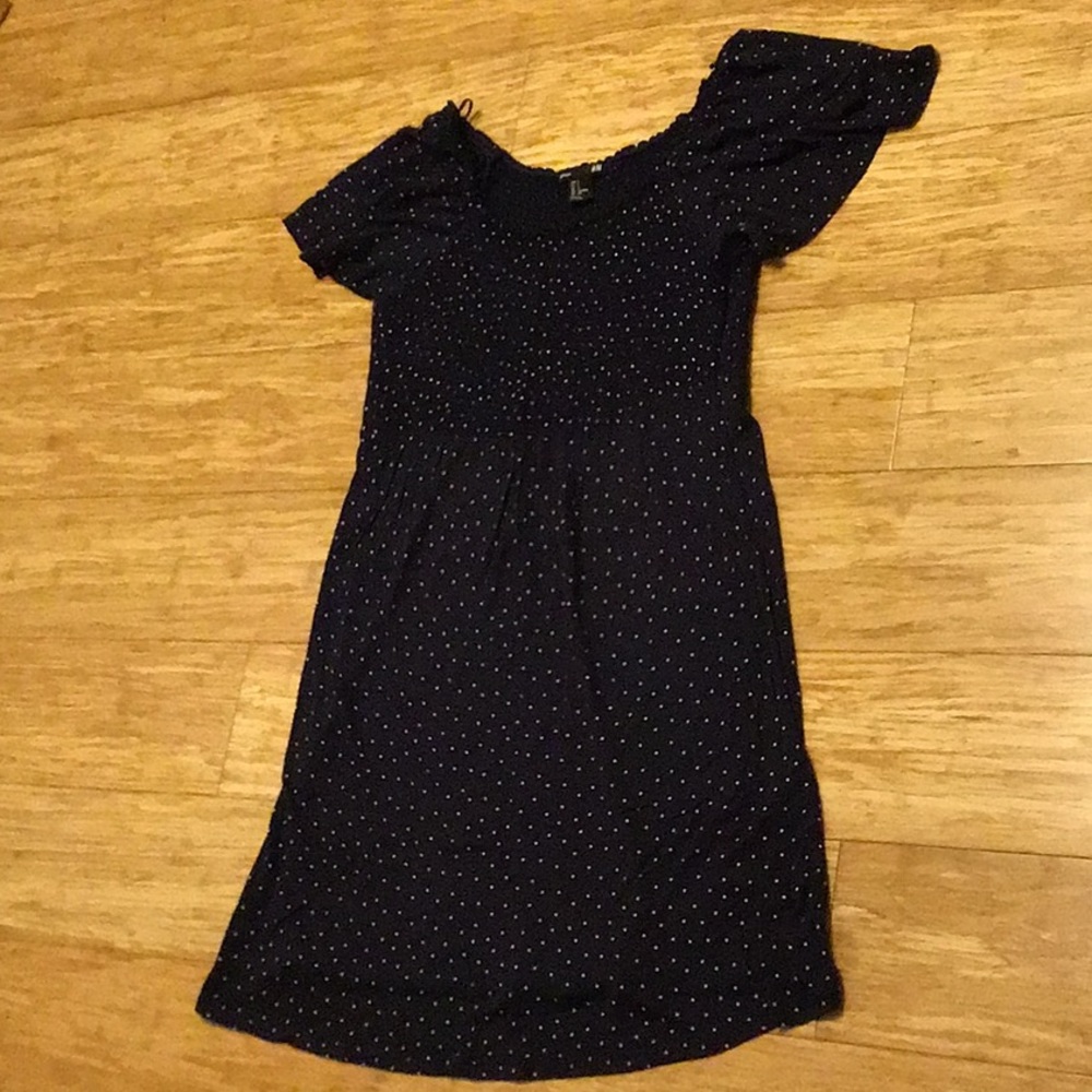 Navy blue and mini white polka dot maternity dress